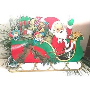 Vintage Laminated Eureka Santa Claus Sleigh Christmas Wall Decor Die Cut USA